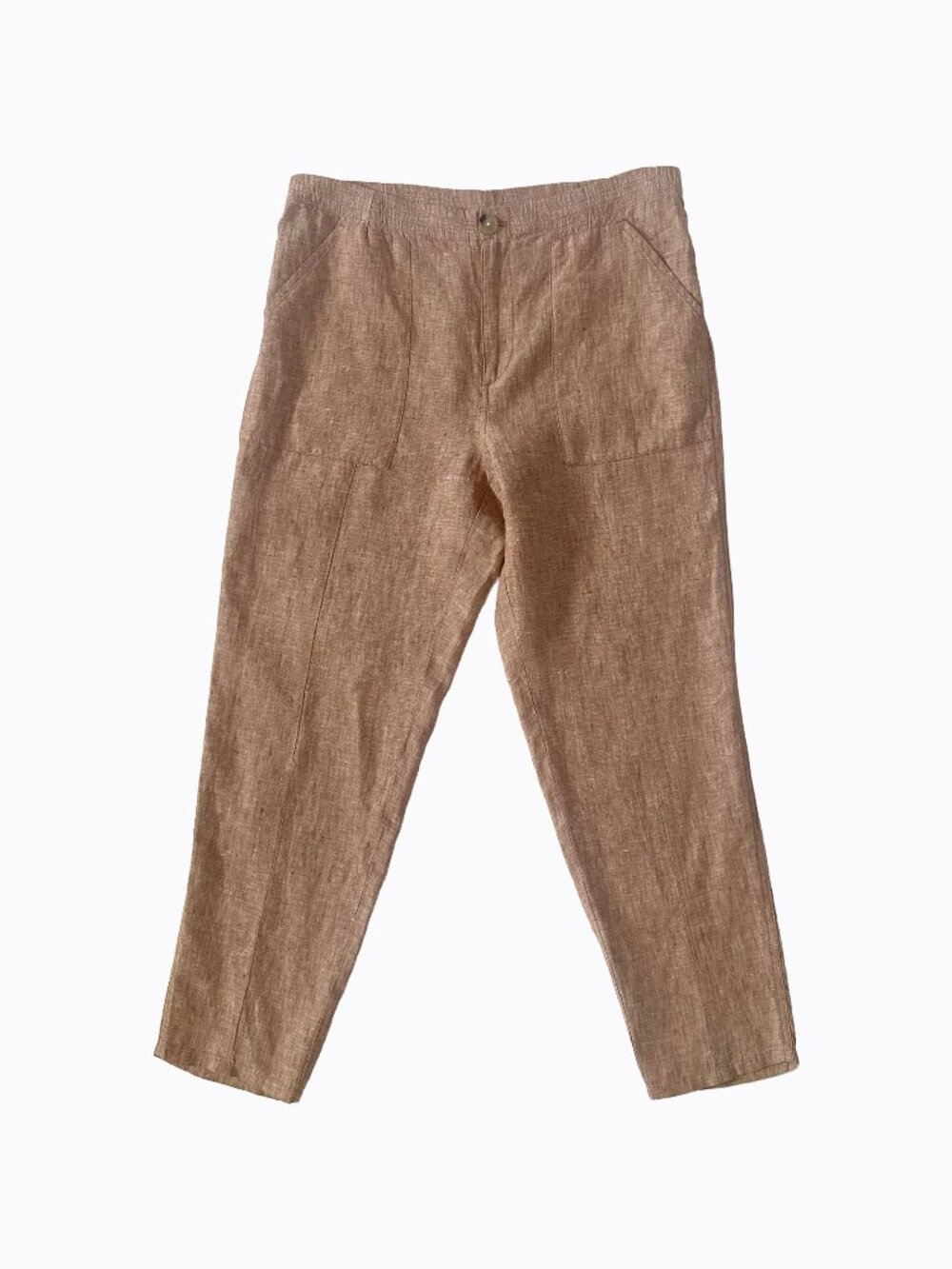 High Rise Linen Trousers 10/L Latte Tapered Ankle Coastal Quiet Luxury Granola